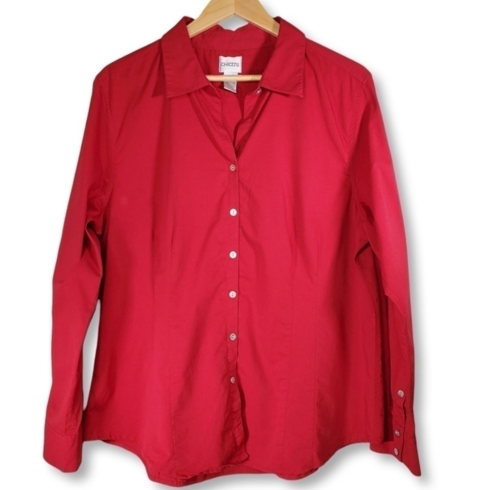 Chico's Button Down Shirt Blouse Top Red Size 3 / XL Abalone Shell Buttons EUC